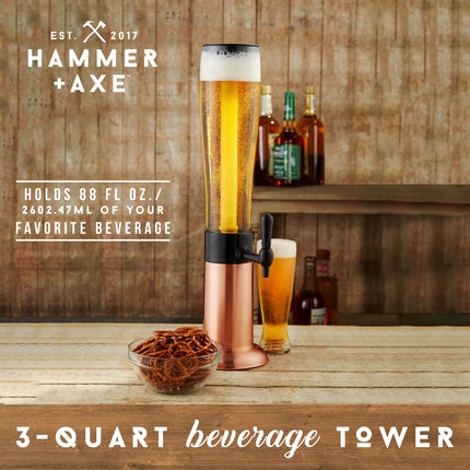 Hammer + Axe Copper Beer Tower Drink Dispenser with Pro-Pour Tap & Ice Rod – 2.75 Qt/2.6L Chilled Draft Tower for Parties & Gameday