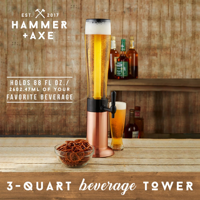 Hammer + Axe Copper Beer Tower Drink Dispenser with Pro-Pour Tap & Ice Rod – 2.75 Qt/2.6L Chilled Draft Tower for Parties & Gameday