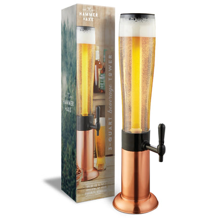 Hammer + Axe Copper Beer Tower Drink Dispenser with Pro-Pour Tap & Ice Rod – 2.75 Qt/2.6L Chilled Draft Tower for Parties & Gameday