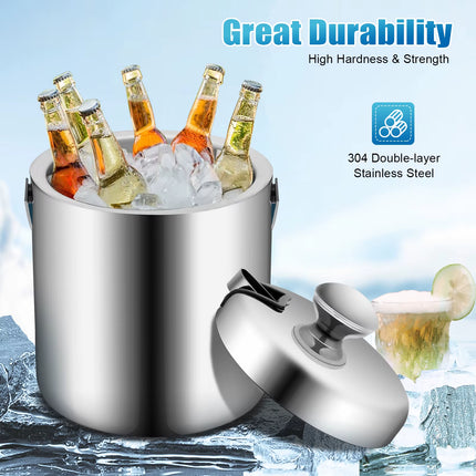 Premium 1.3L Double-Wall Stainless Steel Ice Bucket | Insulated Beer & Champagne Cooler with Ice Tongs & Lid