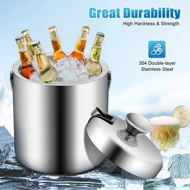Premium 1.3L Double-Wall Stainless Steel Ice Bucket | Insulated Beer & Champagne Cooler with Ice Tongs & Lid