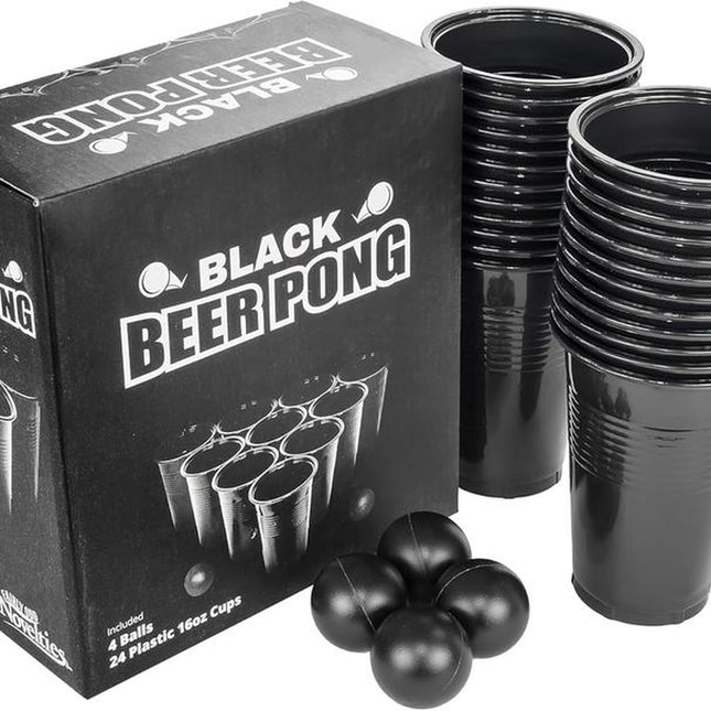Black Beer Pong Set | 24 Cups & 4 Balls | Party Game