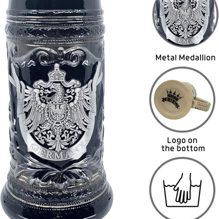 0.6L Oktoberfest German Ceramic Beer Stein with Eagle Medallion | Collectible Charcoal Black Bier Krug - Perfect for Bavarian Lagers, Weissbier & Märzen