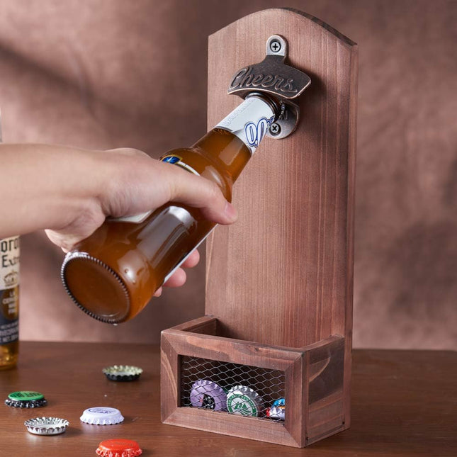 Bottle Opener with Cap Collectorcatcher,Vintage Wooden Wall Mounted Bottle Opener, Ideal Gift for Men and Beer Lovers, Use as Bar Decoration.