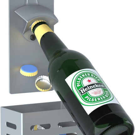 Magnetic Wall-Mounted Beer Bottle Opener with Cap Catcher | Stainless Steel - One-Handed Opener