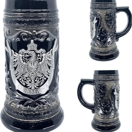 0.6L Oktoberfest German Ceramic Beer Stein with Eagle Medallion | Collectible Charcoal Black Bier Krug - Perfect for Bavarian Lagers, Weissbier & Märzen