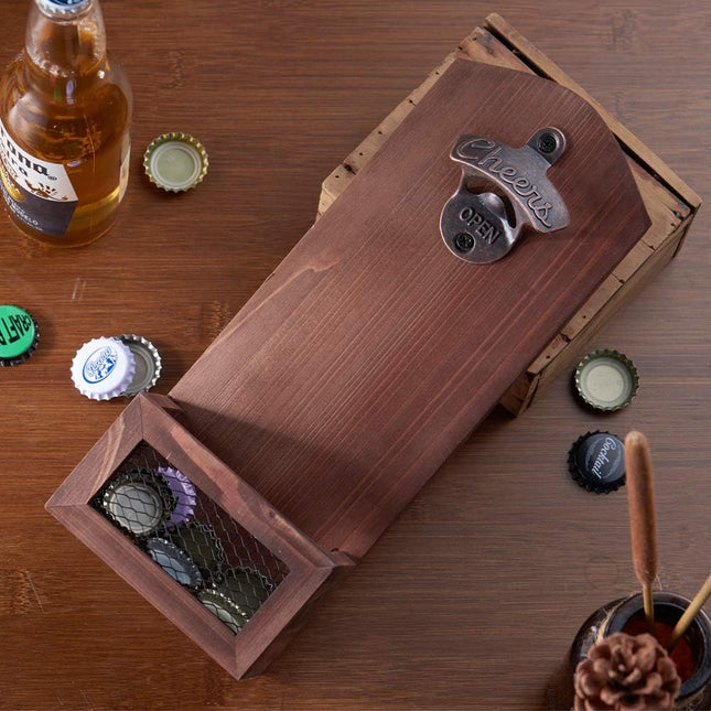 Bottle Opener with Cap Collectorcatcher,Vintage Wooden Wall Mounted Bottle Opener, Ideal Gift for Men and Beer Lovers, Use as Bar Decoration.
