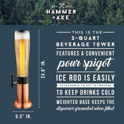 Hammer + Axe Copper Beer Tower Drink Dispenser with Pro-Pour Tap & Ice Rod – 2.75 Qt/2.6L Chilled Draft Tower for Parties & Gameday