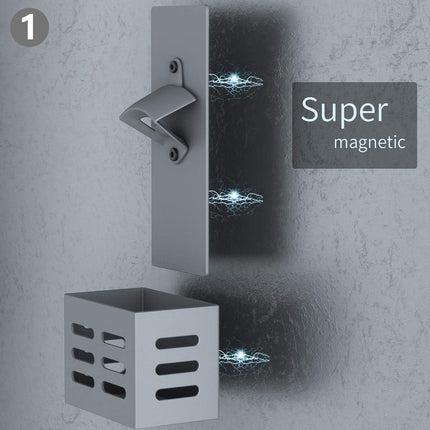 Magnetic Wall-Mounted Beer Bottle Opener with Cap Catcher | Stainless Steel - One-Handed Opener