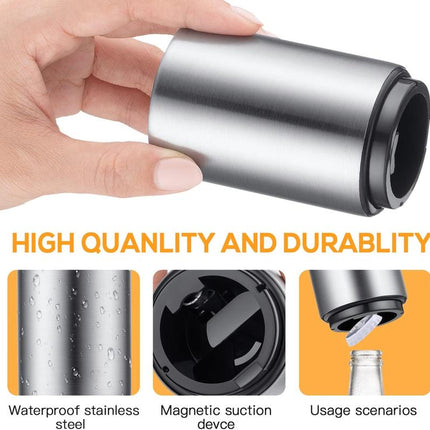 Automatic Beer Bottle Opener - Stainless Steel Push Down Cap Remover for Bar, Camping & Home