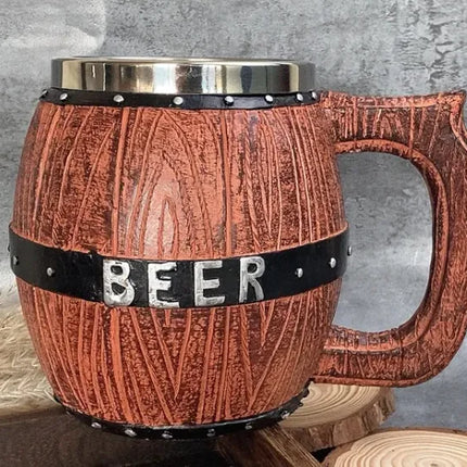 Premium Wooden Barrel Beer Mug | 550ml Novelty Craft Beer Stein with Stainless Steel Band | Perfect Beer Gift