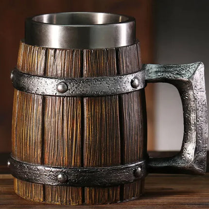 Premium Wooden Barrel Beer Mug | 550ml Novelty Craft Beer Stein with Stainless Steel Band | Perfect Beer Gift