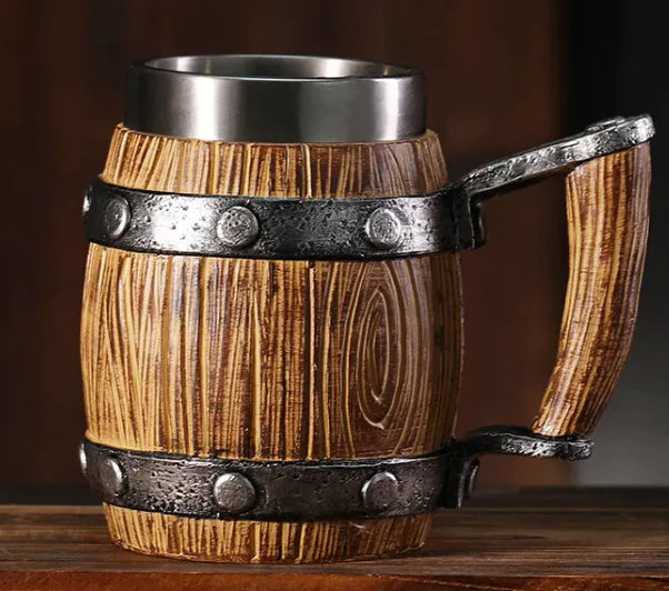 Premium Wooden Barrel Beer Mug | 550ml Novelty Craft Beer Stein with Stainless Steel Band | Perfect Beer Gift
