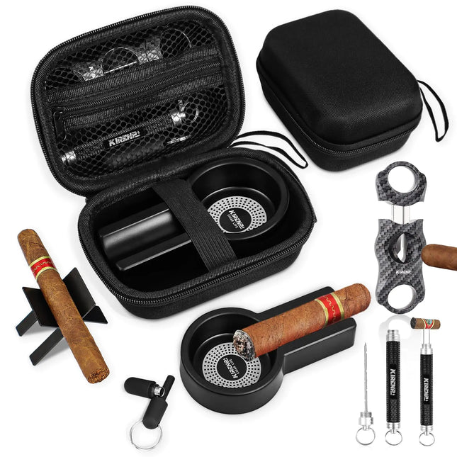 Premium Cigar Accessories Kit - 5-in-1 Travel Set with V-Cutter, Draw Tool & Carrying Case