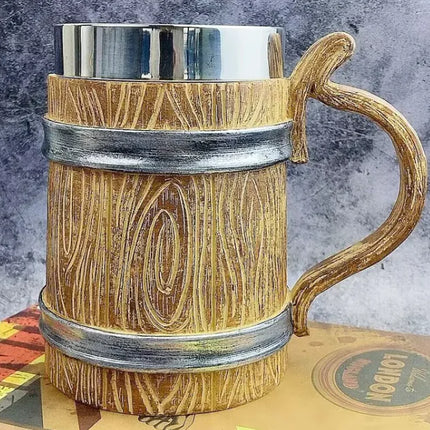 Premium Wooden Barrel Beer Mug | 550ml Novelty Craft Beer Stein with Stainless Steel Band | Perfect Beer Gift