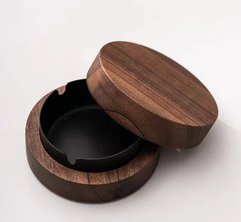 Premium Walnut Wood Ashtray with Stainless Steel Liner - Covered Smokeless Ash Tray Coaster for Cigars Cigarettes