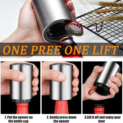 Automatic Beer Bottle Opener - Stainless Steel Push Down Cap Remover for Bar, Camping & Home