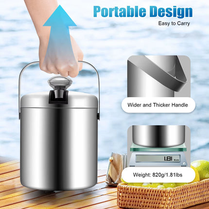 Premium 1.3L Double-Wall Stainless Steel Ice Bucket | Insulated Beer & Champagne Cooler with Ice Tongs & Lid
