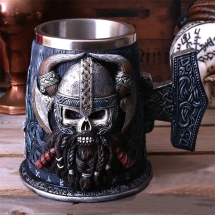 Medieval Viking Beer Mug with Axe Design – 18cm Stainless Steel Tankard