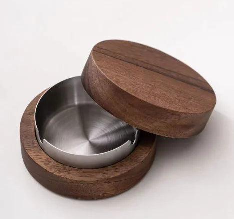 Premium Walnut Wood Ashtray with Stainless Steel Liner - Covered Smokeless Ash Tray Coaster for Cigars Cigarettes