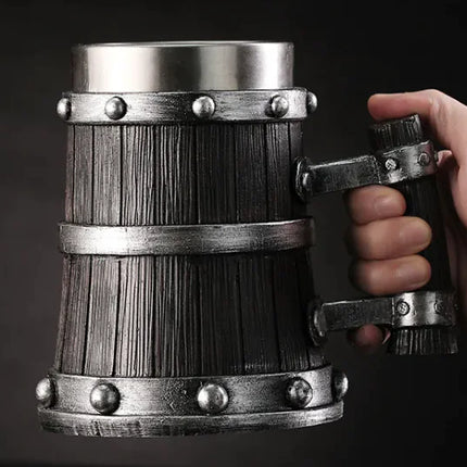 Premium Wooden Barrel Beer Mug | 550ml Novelty Craft Beer Stein with Stainless Steel Band | Perfect Beer Gift