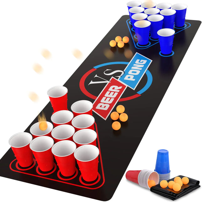 Premium 63" x 23.6" Beer Pong Table Mat Set - Drinking Games for Adults Party with 30 Cups & 8 Balls | Waterproof Pong Mat for Indoor/Outdoor Use