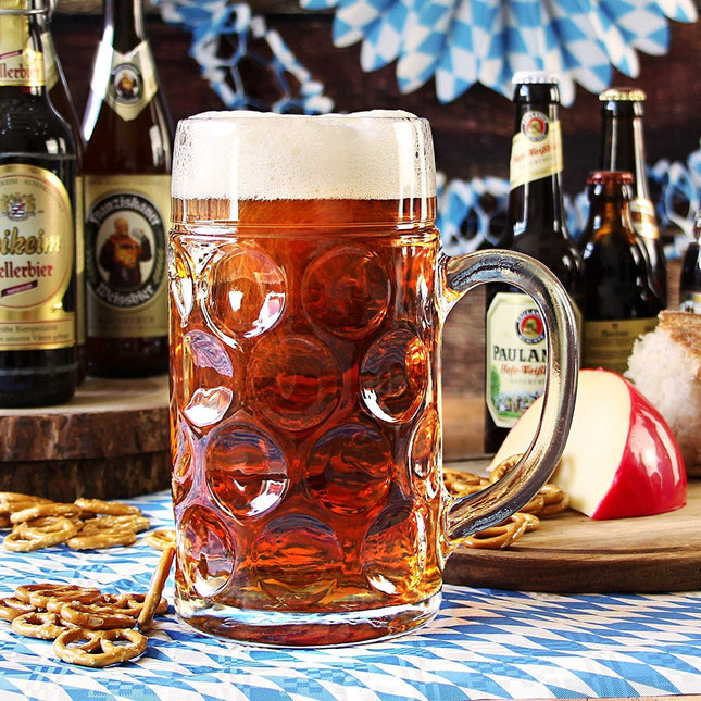 Premium Authentic German Masskrug Dimpled Beer Steins | 1 Litre Set of 6 | Dishwasher Safe Oktoberfest Glass Mugs