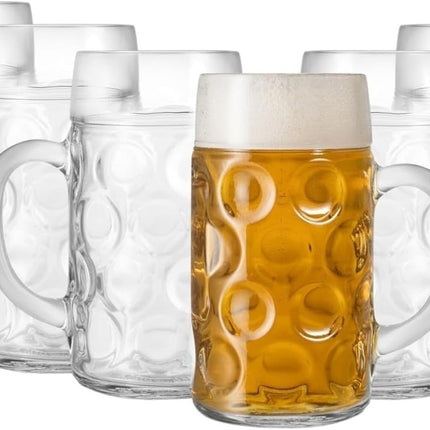 Premium Authentic German Masskrug Dimpled Beer Steins | 1 Litre Set of 6 | Dishwasher Safe Oktoberfest Glass Mugs
