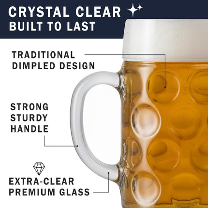 Premium Authentic German Masskrug Dimpled Beer Steins | 1 Litre Set of 6 | Dishwasher Safe Oktoberfest Glass Mugs