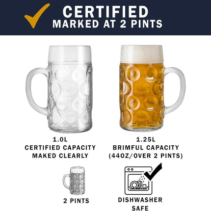 Premium Authentic German Masskrug Dimpled Beer Steins | 1 Litre Set of 6 | Dishwasher Safe Oktoberfest Glass Mugs