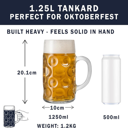 Premium Authentic German Masskrug Dimpled Beer Steins | 1 Litre Set of 6 | Dishwasher Safe Oktoberfest Glass Mugs